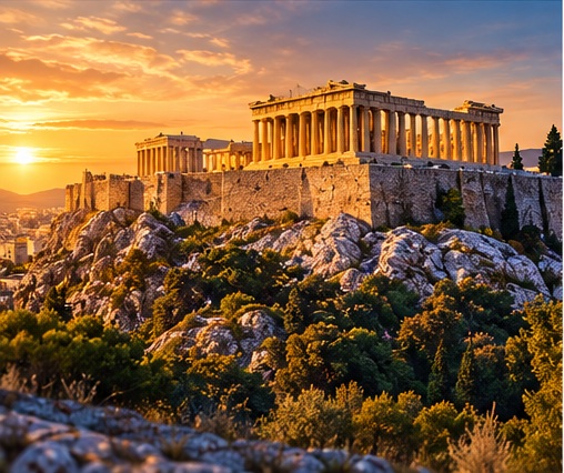 Acropolis in Athens Greece at golden hour representing THATOS Athens car fragrance