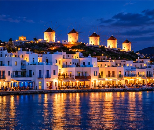 Mykonos Greece waterfront and windmills representing THATOS Mykonos car fragrance